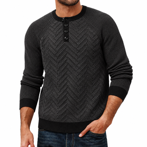 เสื้อสเวตเตอร์ผู้ชาย TESSUTO รุ่น Winter Breathable Chevron Zigzag Textured Knit Raglan Sleeve Henley สีดำชาร์โคล แต่งขอบยางยืดสีตัดกัน - Product Image 1