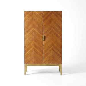 Armario de lujo moderno de mediados de siglo con chapa de madera, tiradores y patas de latón, mueble de dormitorio independiente ideal para apartamentos con diseño plano - Product Image 1