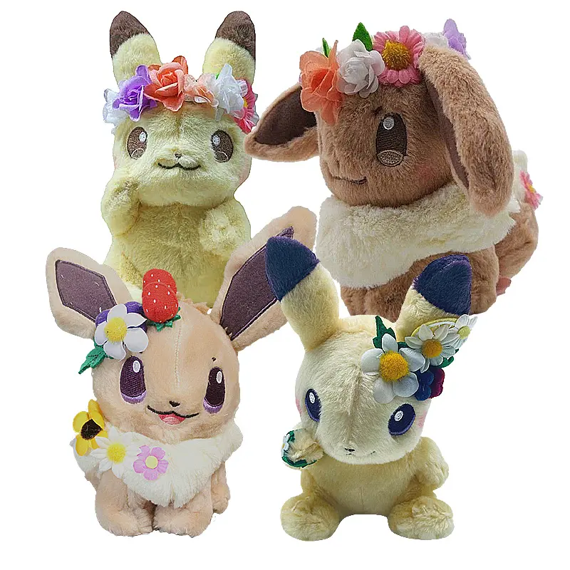 Mais novo bonito festival de primavera boneca de pelúcia pokemon Eevee flores anel Pikachu brinquedos de pelúcia atacado