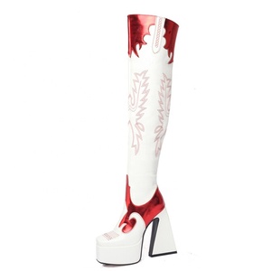 Unique Design Big Size 46 Mixed Colors Embroidered Over Knee Boots Women High Block Heel Platform Long Booties Big Leg Fit <b>Shoes</b> - Product Image 6