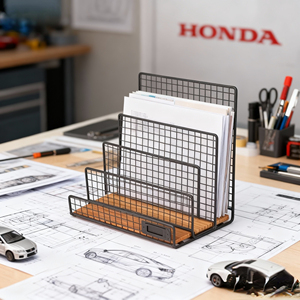 Porte-revues de papeterie de bureau rétro en métal noir à 3 fentes accessoires de bureau multifonctionnels grilles panier de rangement en bois - Product Image 1