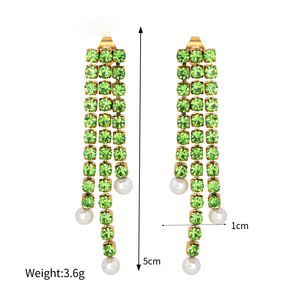 Ins style 18k or acier inoxydable triple couche vert griffe chaîne sous chaque suspendu une perle blanche boucle d'oreille fille - Product Image 6