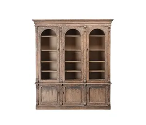 Antique Reproduction Reclaimed Solid Wood Kitchen Cupboard European Style Kitchen Furniture Glass Cabinet Book Case