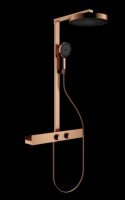 Système de douche moderne en laiton brossé or rose avec barre plate, robinet thermostatique, douche pluie, étagère de rangement et porte-serviettes