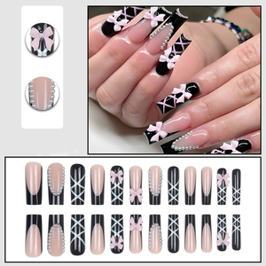 24 <span class=keywords><strong>Uñas</strong></span> Postizas Largas Cuadradas <span class=keywords><strong>con</strong></span> Líneas, Diseño 3D <span class=keywords><strong>de</strong></span> Lazo y Flor, Accesorios Brillantes <span class=keywords><strong>con</strong></span> Diamantes, <span class=keywords><strong>Uñas</strong></span> Postizas Estilo Francés Negro - Product Image 2