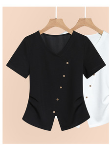 เสื้อยืดแขนสั้นทรงไหล่ตก คอวีไขว้ สีพื้น ชายเสื้อไม่สมมาตร แฟชั่นสำหรับผู้หญิง - Product Image 3