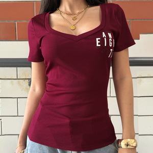 Camiseta de Verano Elástica y Ajustada con Estampado Digital para Mujer, Cuello en V, Transpirable, de Punto, con Contraste de Color, Manga Corta, Informal - Product Image 1