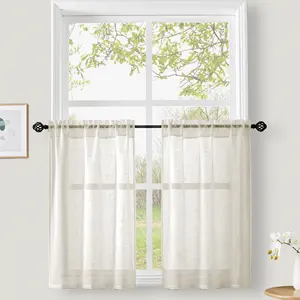 Bindi Linen Kitchen Sheer Beige Curtains 45 Inch Length Farmhouse Linen Textured Tier Cafe Curtains