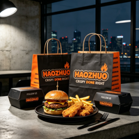 Boîte à hamburgers avec logo personnalisé, boîte à poulet frit, fournitures d'emballage pour la restauration rapide, sac en papier kraft personnalisé pour les plats à emporter des restaurants
