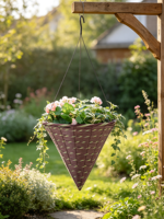 Panier suspendu en ciment sculpté à la main, forme cône, violet, marron, vert, avec doublure en plastique et supports métalliques, pour extérieur, maison, jardin, fleurs