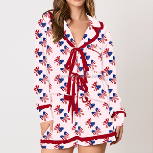Summer Independence Day Red Blue Bow Ribbon Print Long Sleeve Shirt <strong>Shorts</strong> Pajama Set Women - Product Image 4