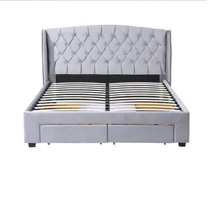 European design bedroom furniture king/queen size double/single button platform bed frame with drawers storage