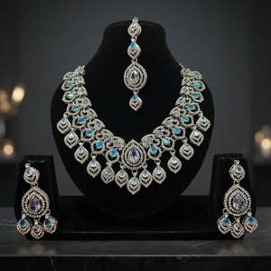 Indian Bridal Gold Plated CZ Choker Necklace <b>Set</b> Emerald Green White Cubic Zirconia Heavy Choker Earrings Mang Tika Wedding - Product Image 3