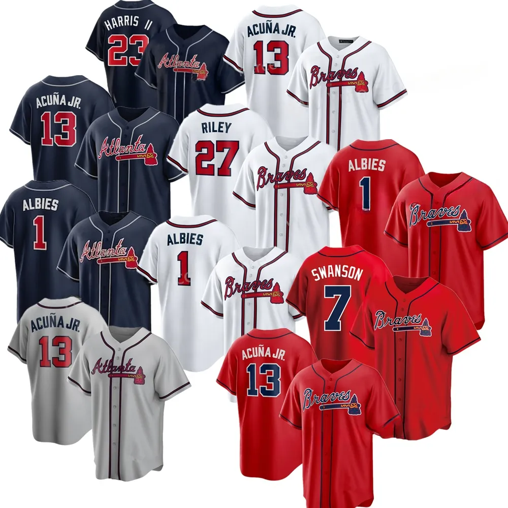 Maglie da Baseball 2024 Atlanta 13 Ronald Acuna Jr. 7 Swanson 28 Matt Olson 27 Riley 1 camicie cucite da città coraggiose Coolbase