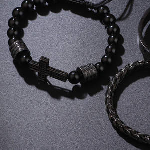 Ensemble de bracelets tressés en zircon croisé avec pierre noire, bande élastique, micro-incrustation, bijoux en alliage de zinc, cadeau, ensemble de trois pièces - Product Image 4