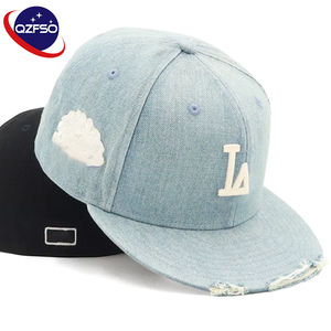 QZFSO Custom Distressed Sports New Flat Brim Fitted Era 5 Panel Snapback Hats Gorras 3d Embroidery Denim Baseball Cap For Man - Product Image 1