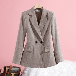 Women's Wool Blazer Khaki Solid Color Pocket Design Autumn Winter Casual Fit - Product Image 1