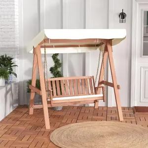 Balançoire pour 2 personnes avec auvent, balançoire en bois pour patio avec coussin amovible, chaînes de suspension en métal robustes, chaises d'extérieur - Product Image 2