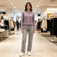 Clara – Haut tricoté pour femme, qualité supérieure, maille pointelle, violet, personnalisable OEM, couleur unie, manches longues, boutons corne