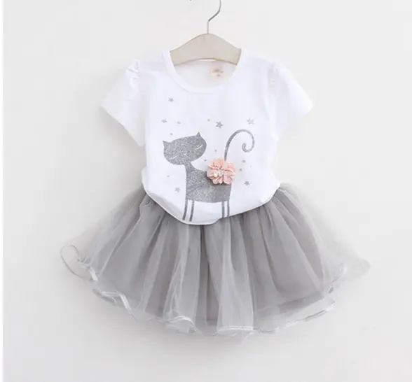 Summer New Baby Girls Clothing Sets Fashion Style Cartoon Kitty Printed T-Shirts With Tutu Skirts 2Pcs Suit