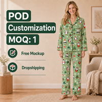 Ensemble de pyjama personnalisé en polyester vert sauge à col cranté motif pingouin de Noël pour femme, POD MOQ 1PC, Dropshipping