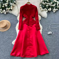 Robe noire vintage de style Hepburn en satin de polyester avec empiècements, col rond, pour femme, automne/hiver, cintrée à la taille, qui flattere la silhouette