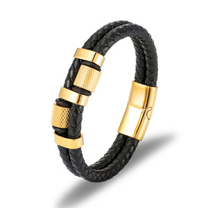 Wholesale Men's Braided Black <b>Leather</b> <b>Bracelet</b> with PVD 18K Gold Stainless Steel Cylindrical Accents | Magnetic Clasp Design - Product Image 1
