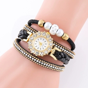 Montre tressée en corde tendance pour femme, boîtier en alliage, mouvement à quartz, avec bracelet à breloques perlées, style vintage, bijoux - Product Image 3