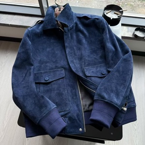 Chaqueta de Hombre de Lujo Azul Rey de Ante y Piel de Oveja, Estilo Old Money, Bomber Utilitario Casual Transpirable con Parches de Cuero - Gran Venta 2026 - Product Image 1