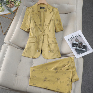 Chinese Style Printed Women's Suit Jacket Flared Pants Set Polyester Fabric Business Casual Wear - Product Image 1