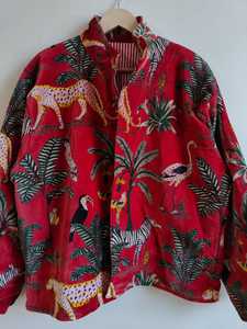 เสื้อแจ็คเก็ตพิมพ์ลายป่า แจ็คเก็ตผ้าฝ้ายลายดอกไม้ทำมือ สีชมพูเข้มและเขียวพิมพ์ลายบล็อก แขนยาว สไตล์โบฮีเมียน เสื้อแจ็คเก็ตพิมพ์ลายดอกไม้สไตล์โบฮีเมียน - Product Image 2