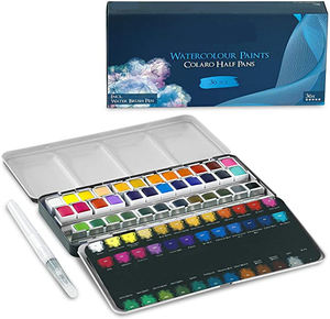 Premium 24/36/48 Colors <b>Tin</b> Box Watercolor Paint Half Pan Set with Water Brush for Artists Art Painting Students Kids Beginners - Product Image 1