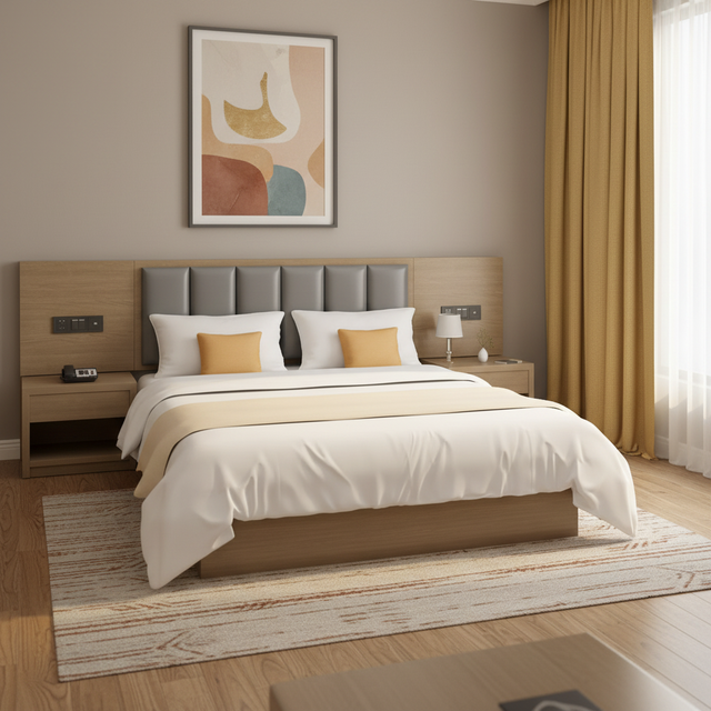 Modern Hotel Upholstered Bed King Size Platform Bed Frame with Nightstands Integrated Power Outlet