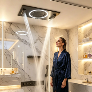 Ensemble de douche de luxe 800*450 MM à 5 fonctions avec LED, grand jet de pluie, cascade et brume, tête de douche encastrée au plafond thermostatique pour hôtel - Product Image 1