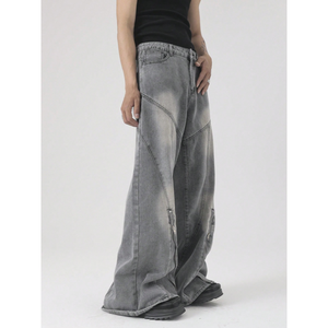 <span class=keywords><strong>Jeans</strong></span> Oversize a <span class=keywords><strong>Gamba</strong></span> <span class=keywords><strong>Larga</strong></span> da Uomo in Denim Grigio Effetto Acid-Wash con Cerniera Laterale Unisex Stile Futuristico - Product Image 6