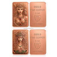 Barre de cuivre massif 999 de 5 OZ, colorée, à motif Déesse Grecque en relief, pièce de collection, lingot de cuivre massif de 5 onces