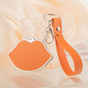 Lip Shaped Metal Frame Plastic <b>Compact</b> <b>Mirror</b> Keychain Double-Sided Folding Silver Finish Travel Pocket Purse Charm - Product Image 3