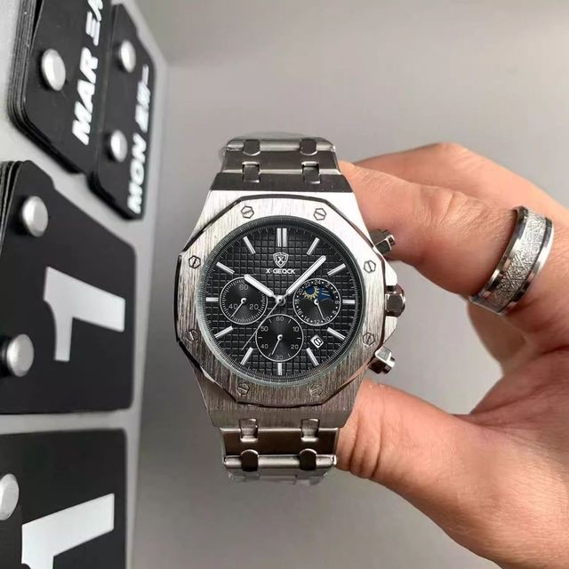 X-GEQCK New Three-Eye Six-Hand Moon Phase Stainless Steel Band Automatic Men's Watch Luxury Watches for Men's Fashion