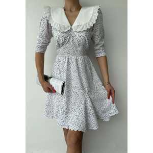 Robe Blanche à Pois avec Col Tablier Style Doux pour Femmes de Bureau, Tailles XS à 3XL, Volants Empire pour les Vacances de Printemps – Vente en Gros - Product Image 3