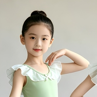 Justaucorps de ballet pour filles, robe tutu à col volanté transparent, manches flottantes, nœud en ruban, boutons-pression, costume de danse pour enfants