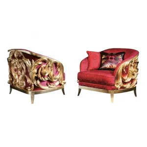 Luxury baroque golden wood carving armchair red fabric accent chair