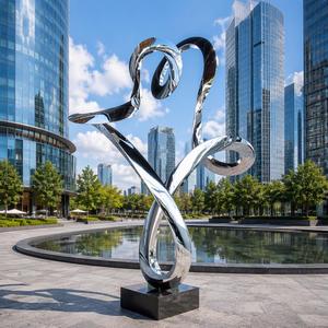 Sculpture abstraite moderne en acier inoxydable poli miroir, statue d'art métallique contemporaine en spirale pour la décoration d'hôtels et de salons - Product Image 4
