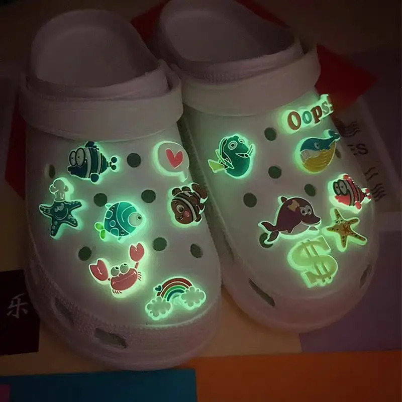 Factory Price Custom glittery Shoe Decoration Pvc Luminous Clog Accessory Dollar Horror Movie Glowing In Dark shoe Charms