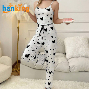 طقم بيجامة نسائي من Ehanking بطبعة قلب مكون من قطعتين، بلوزة كامي بدون أكمام مع شورت - Product Image 3