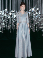 Robe de soirée personnalisée brodée de paillettes, col en V, coupe trapèze, manches coude, motif floral doré, longueur ras du sol, pour soirée formelle