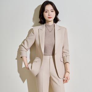 Women's Apricot Suit Set Three Quarter Sleeve Polyester Worsted Anti-Wrinkle Elegant Autumn Formal Wear - Product Image 1