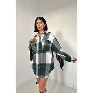 Chemise à carreaux vertes à franges au dos pour femme, en flanelle, décontractée, boutonnée, pour tous les jours - Product Image 3