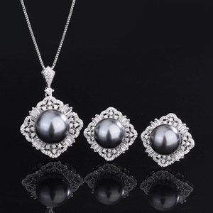 high-end Jewelry Copper Bottom Gold Plated Fritillaria Pearl Diamond Elegant Luxury <b>Grey</b> Bead Set 14mm 16mm - Product Image 1