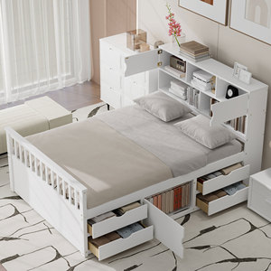 Lit de rangement multifonctionnel blanc avec tiroirs et étagères pour chambre à coucher, enfants, adultes, personnes âgées - Product Image 2