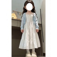 Robe décontractée pour enfants style coréen avec empiècements, blanche, à bretelles, et cardigan en maille tricotée anti-UV pour l'été
